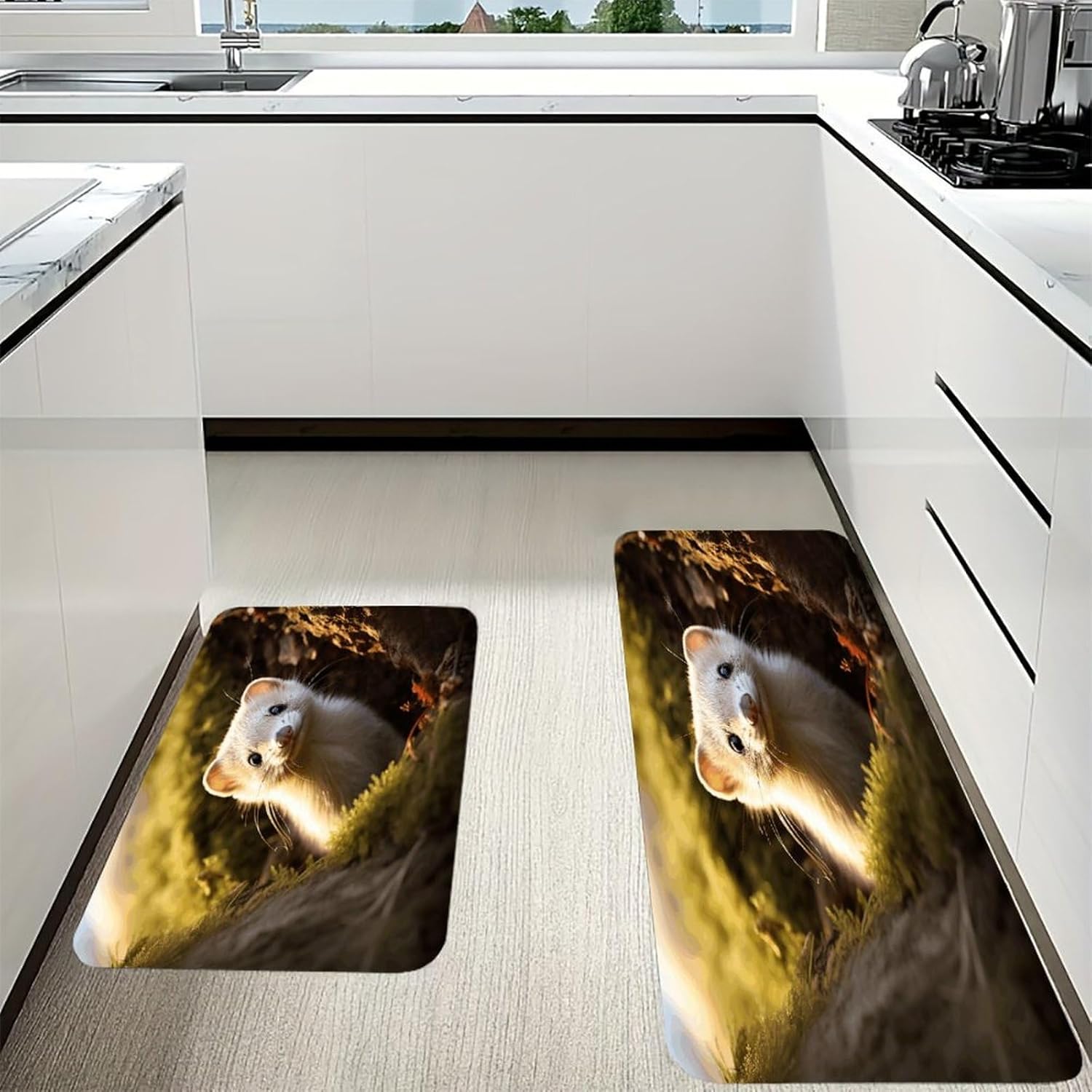 Cute Weasel Kitchen Mat Washable Non Slip Rugs Soft Kitchen Mats for Floor Set of 2 PCS Cushioned Absorbent Runner Standing Rugs for Home Sink Laundry Office