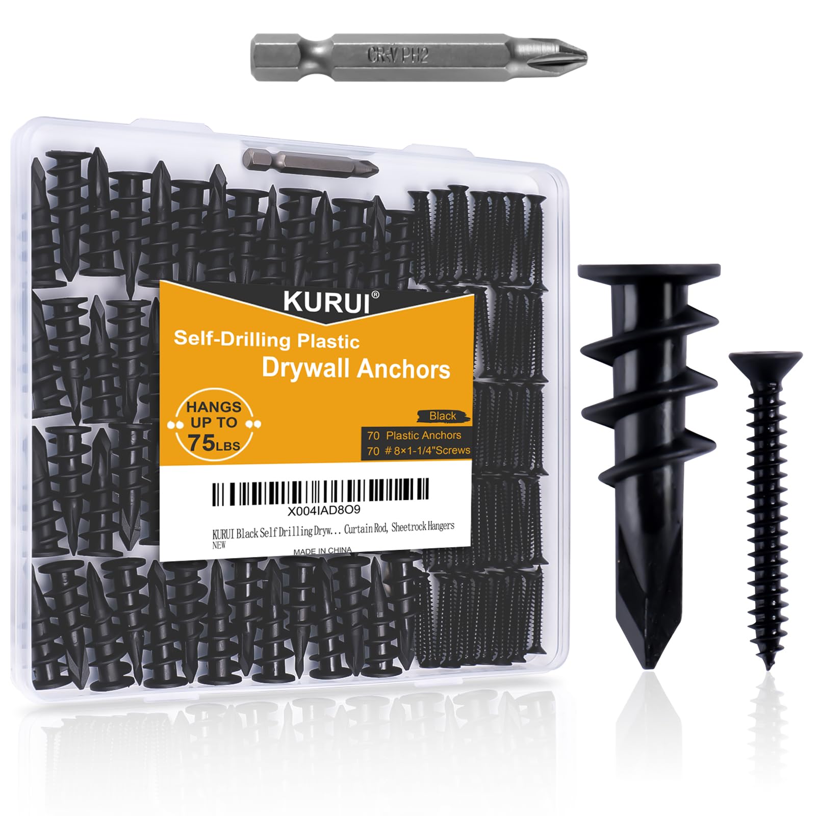 KURUI 140PCs Black Self Drilling Drywall Anchors 8 Dry Wall Anchors and Flat Head Screws Kit 70 Anchors