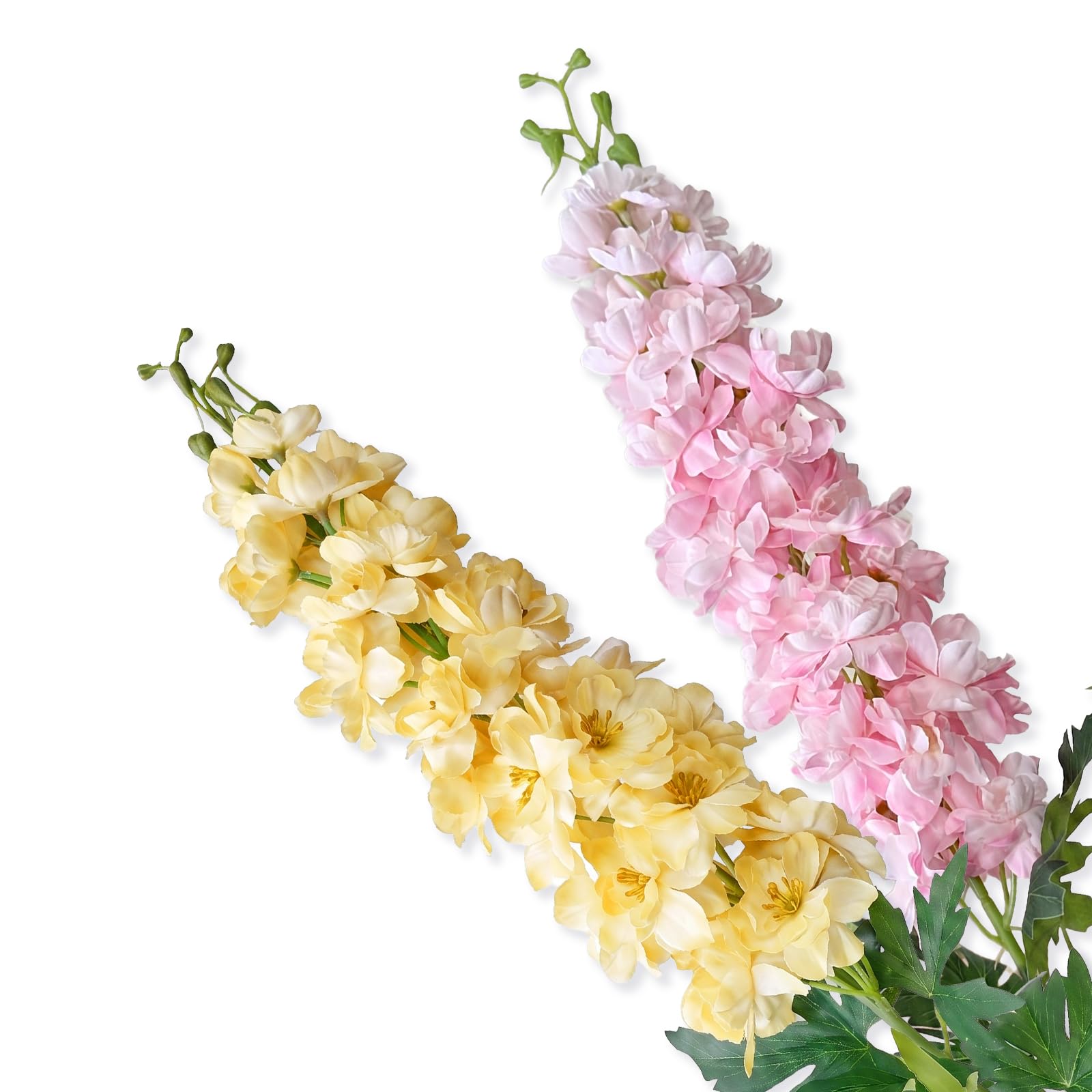 43" Tall Artificial Delphinium Flowers, Extra Full Blooms, Yellow+Pink — image 1