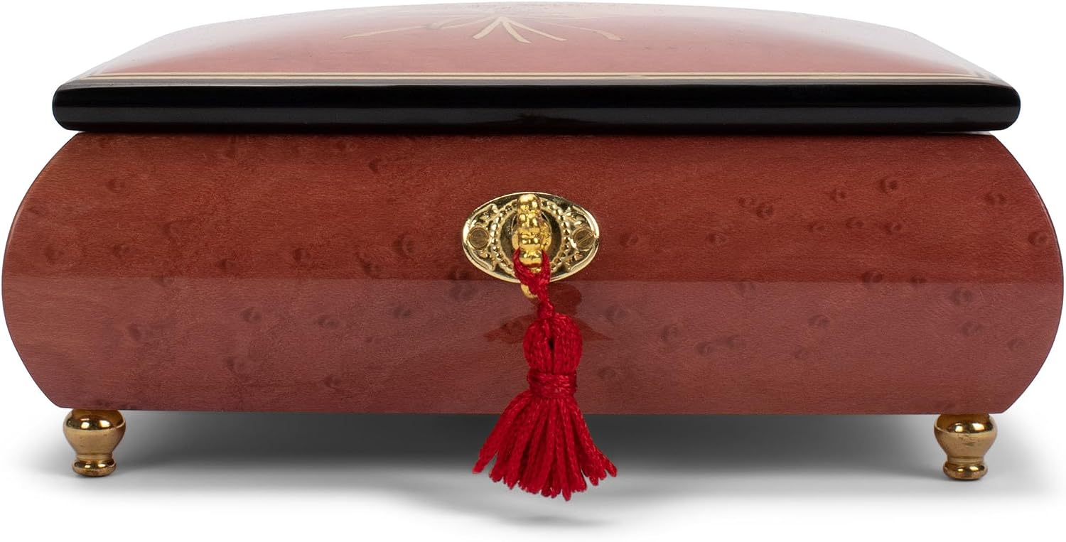Splendid Romantic Red Double Heart Italian Inlaid Music Box/Jewelry Box with Customizable Tune Options in Elegant high Gloss Finish