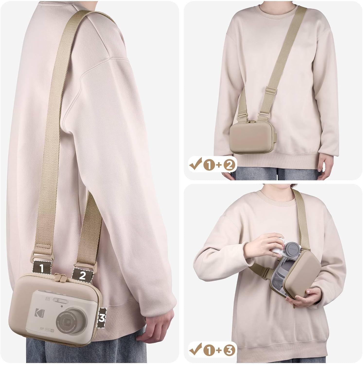 Digital Camera Case, Protective & Lightweight Camera Case with 3 Carrying Ways, Waterproof & Shockproof Small Camera Bag for PowerShot/Sony DSCW800/DSCW830 - Beige - Image 5