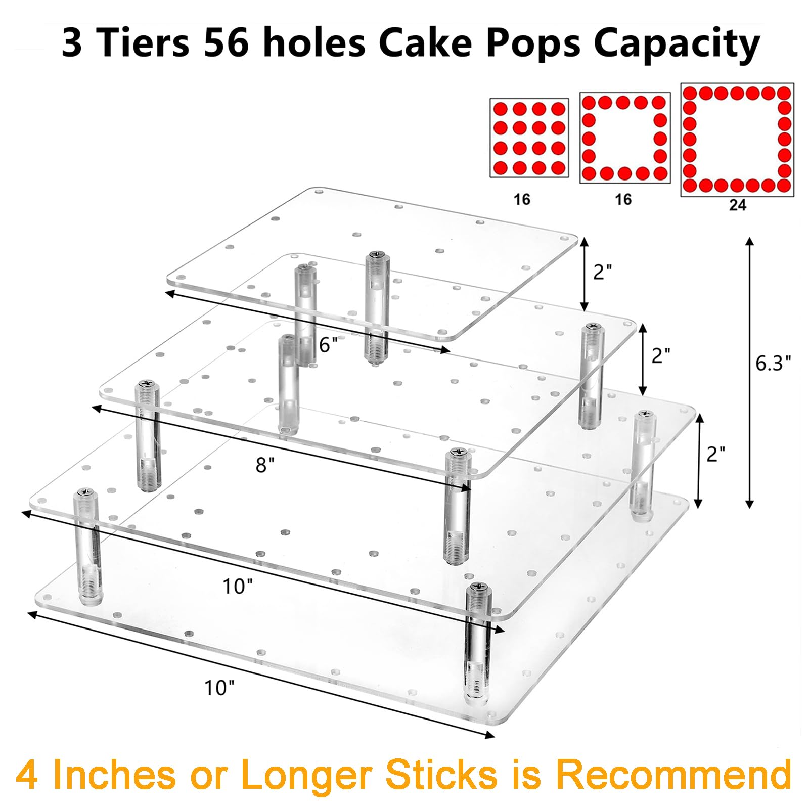 Frcctre 3-stöckiger Acryl-Cake-Pop-Display-Ständer, 56 Löcher, transparentes Acryl-Lutscher-Halter, quadratischer Cupcake-Dessert-Süßigkeiten-Halter für Hochzeit, Babyparty, Partys, Jubiläen