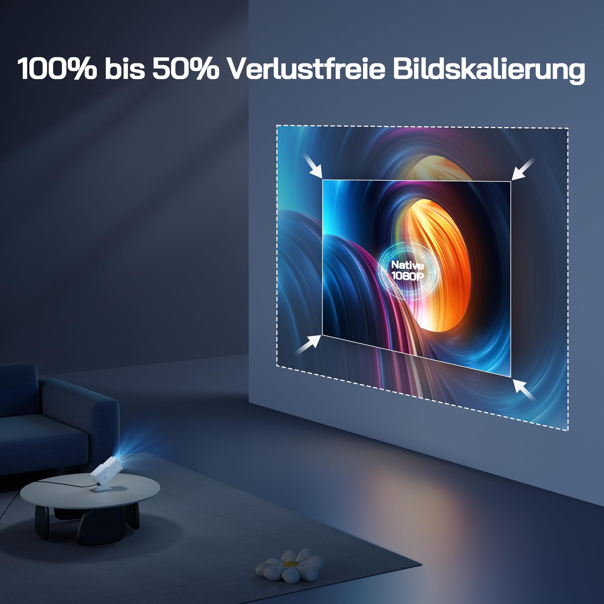 WOLFANG 4K Mini Beamer mit Offiziellem Netflix, 26000 Lumen WiFi 6 Smart Projektor mit 50% Zoom & Trapezkorrektur, 180° Drehbarer Heimkino Beamer Kompatibel mit TV Stick/iOS/Android/PC/PS5/HDMI/AV