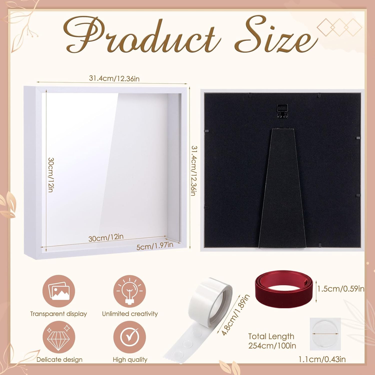 12"x12" Wedding Shadow Box Frame Flower Display Case Kit, DIY White Picture Gift Box with Lid Deep Glass Case Red Velvet Ribbon for Gift Wrapping Craft Bouquet Flower Keepsake Memory Photo