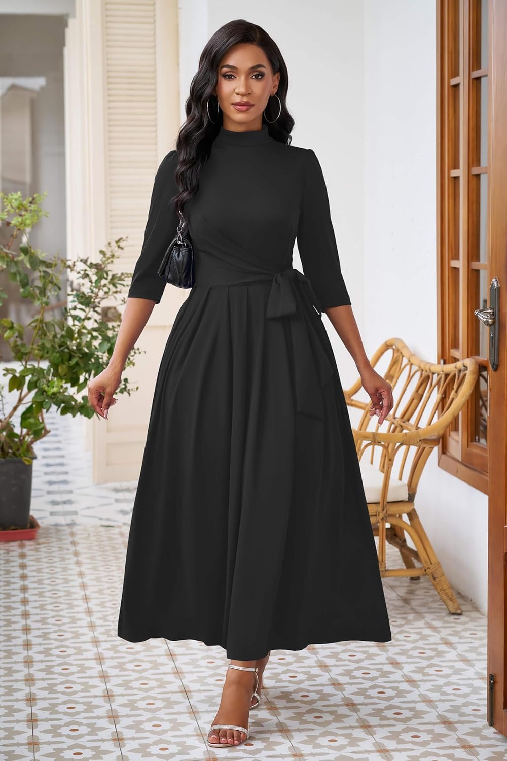 Nmoder Maxi Dress for Women Long Dress Casual Elegant 3/4 Sleeve Flowy Church Prom Round Neck Dresses with Belt - Image 4