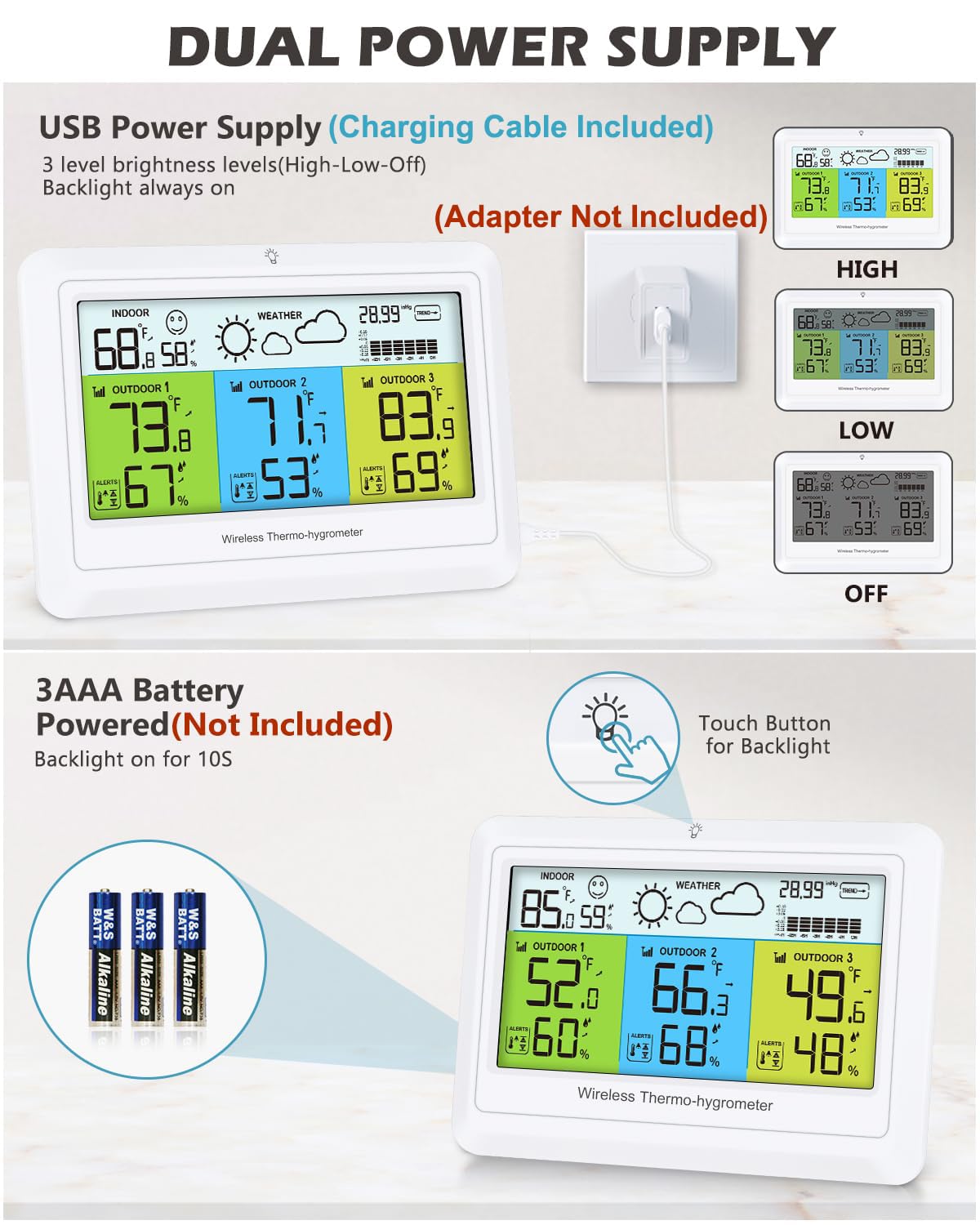 Wetterstation Kabellos Innen Außen mit 3 Sensoren, Home Wetterstationen Digital Thermometer Luftfeuchtigkeit mit Alarm, Barometer Druck, Hintergrundbeleuchtung, Vorhersagestation, für Home