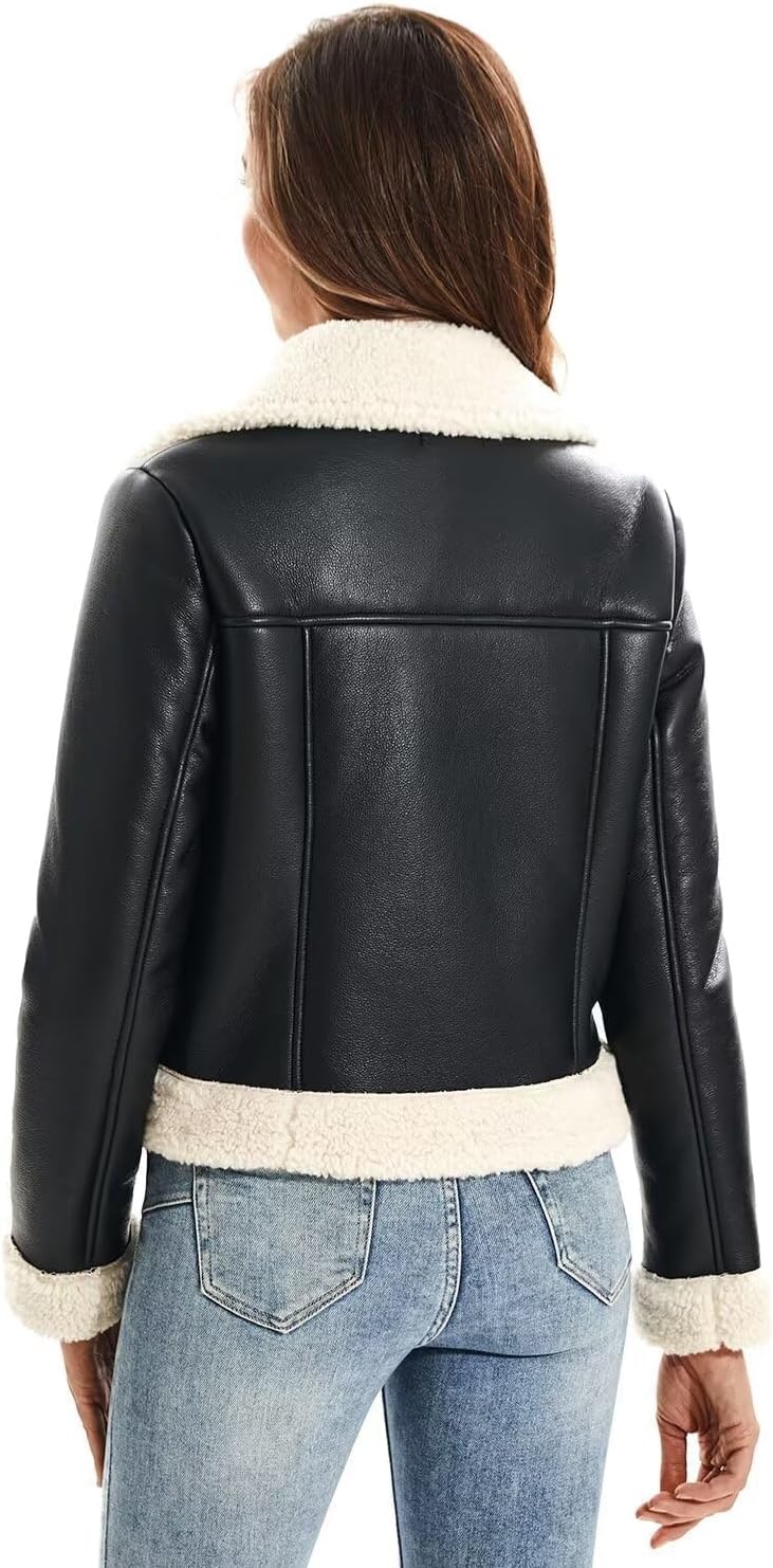 DIASHINY Women's Faux Shearing Fur Winter Coat Warm Thick Fur Lined Faux Leather Jacket - Image 3