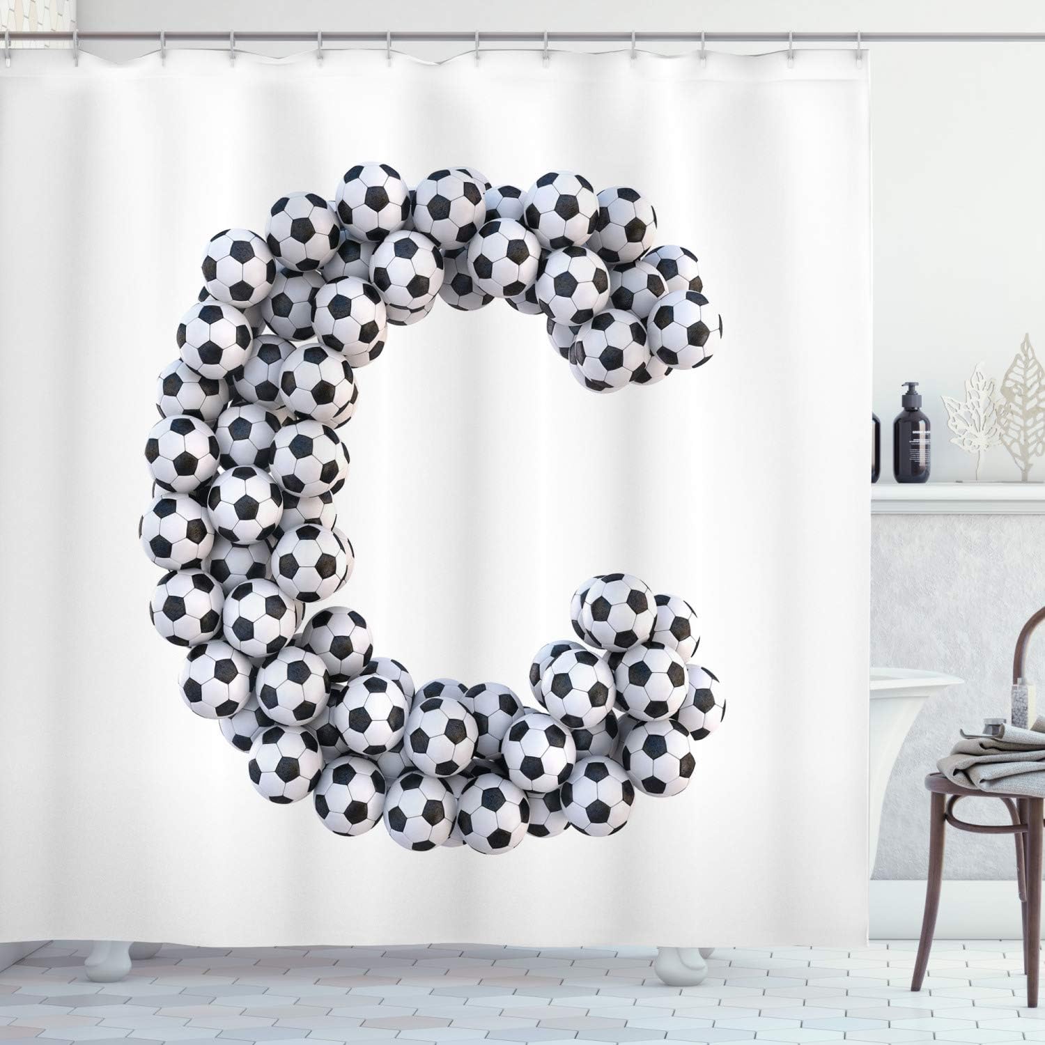 Ambesonne Letter C Shower Curtain, Alphabet Sign Design Third Letter Football Soccer Themed Graphic Pattern, Cloth Fabric Bathroom Decor Set with Hooks, 69" W x 84" L, White Black
