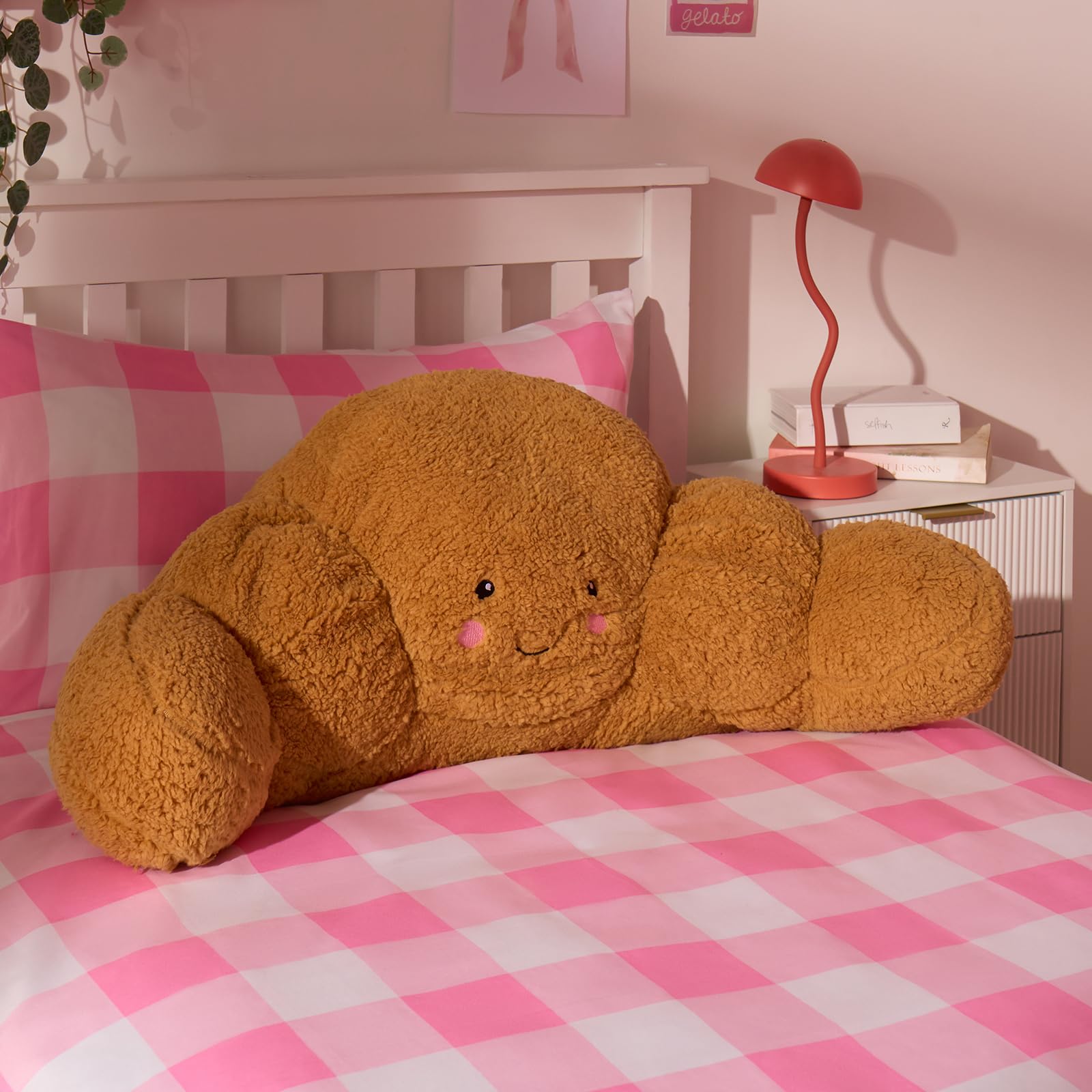 Ohs Women's Claude The Croissant Reading Pillow For Bed Adult, Croissant Gift Cuddle Cushion Super Soft Cosy Teddy Fleece Kids Cushions With Arms Back Cushion Sit Up In Bed Pillow Relaxing Comfy, Brown - 45 X 40 X 30Cm