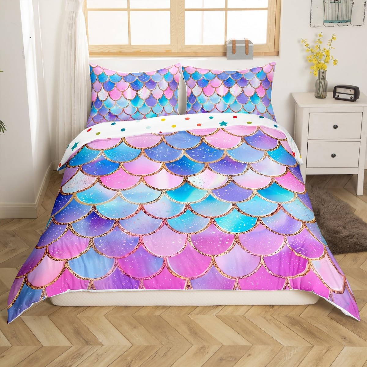 jejeloiu Mermaid Scales Duvet Cover Toddler Size Ocean Bedding Set Ultra Soft Pink and Blue Comforter Cover Set Princess Girl Bedspread Cover Room Decor (NO Glitter) Bedclothes Zipper,No Comforter