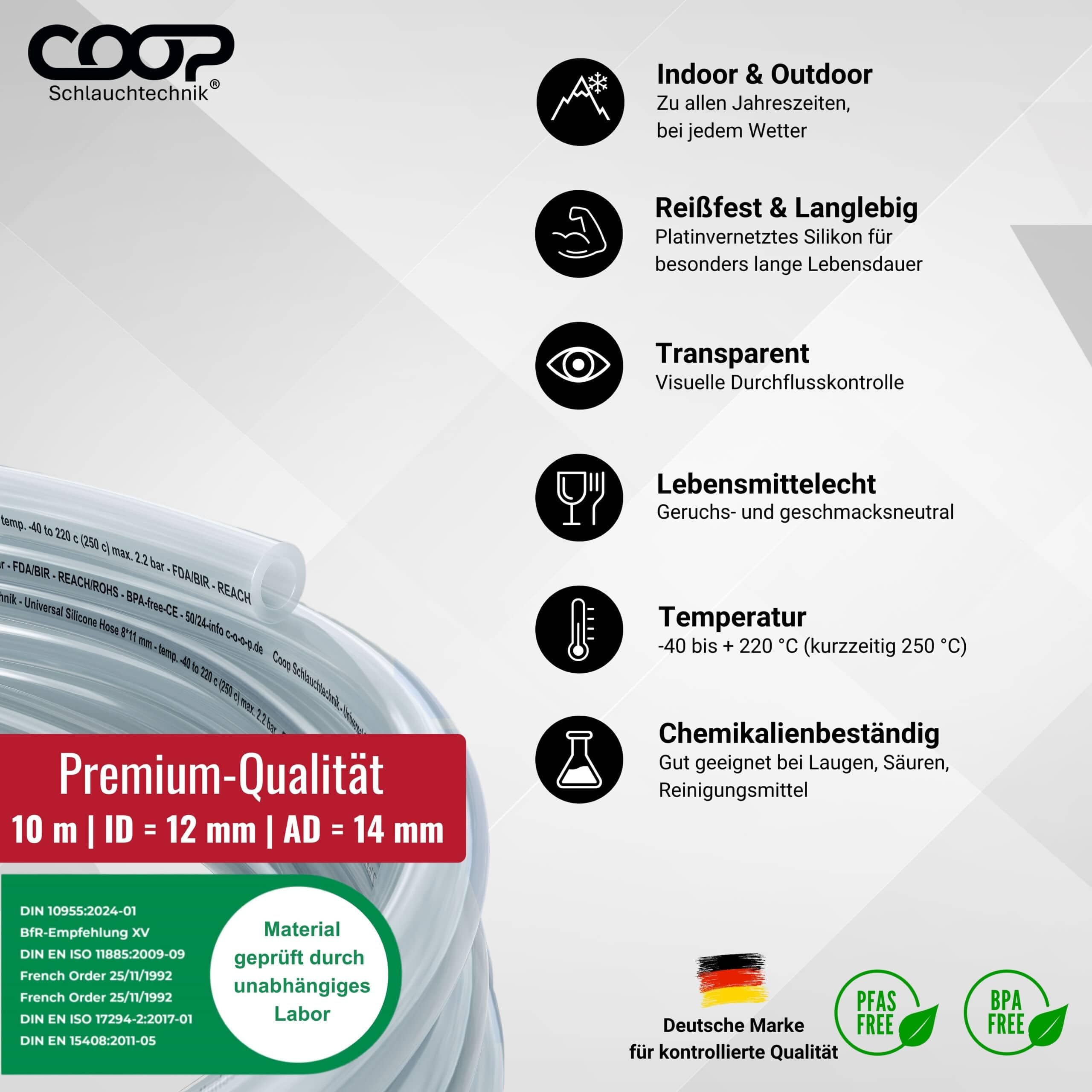 Silikonschlauch 12mm Innen-Ø | 10 Meter | hohe Qualität | lebensmittelecht | geschmacksneutral |-40 bis 220 °C | ideal für Lebensmittel, Haushalt, Aquaristik, Labor, Industrie