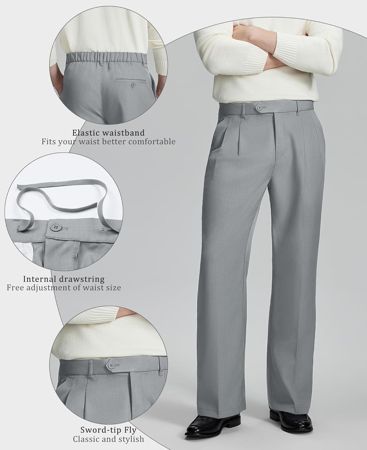 Susclude Mens Casual Dress Pants Old Money Pleated Baggy Wide Leg Vintage Relaxed Fit Slacks Work Office Trousers - Image 3