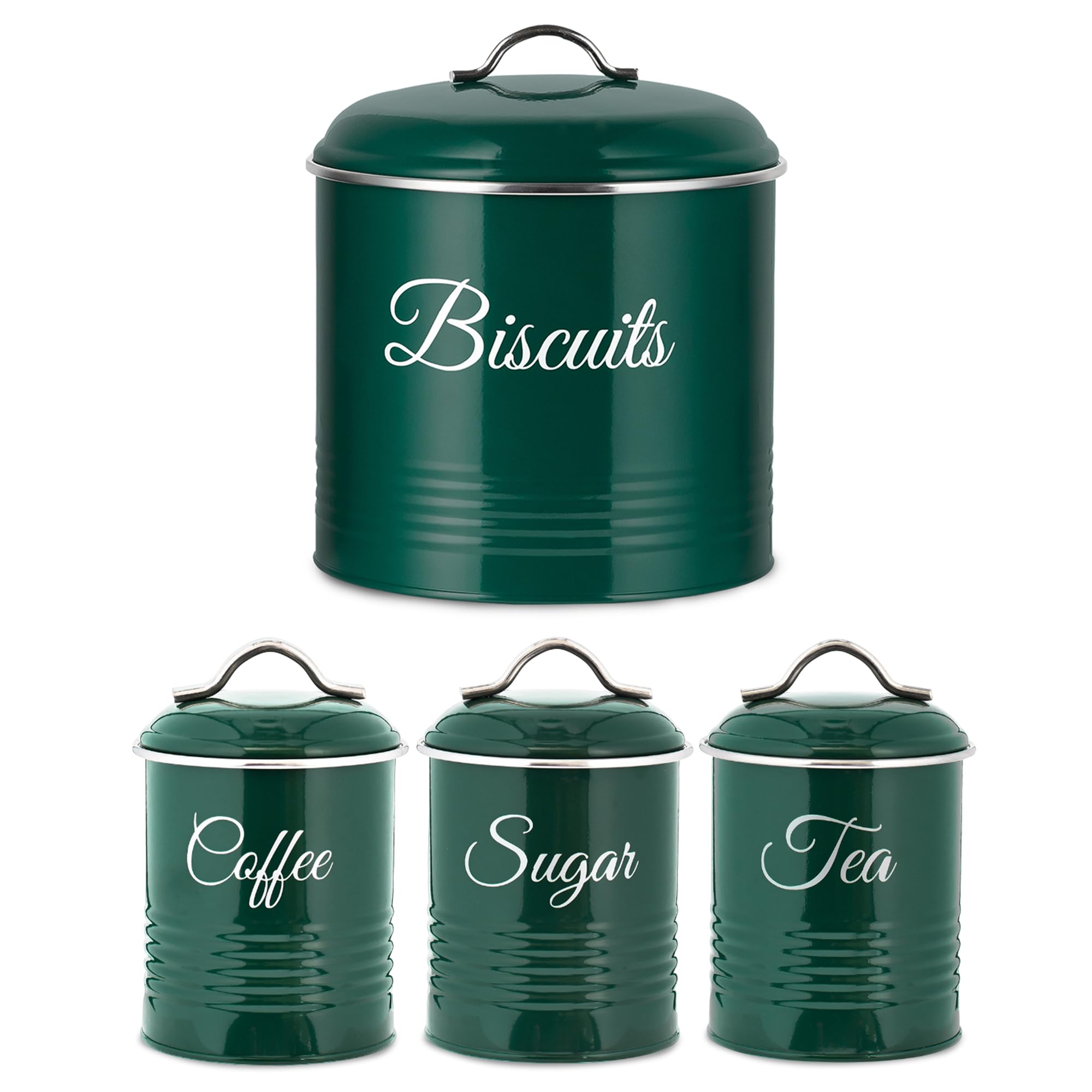 Innoteck Airtight 5.3L Biscuit Tin with Lid & Tea Coffee Sugar Canisters Set of 3 – Metal Cookie Jar and Food Storage Containers for Freshness and Organisation, Green