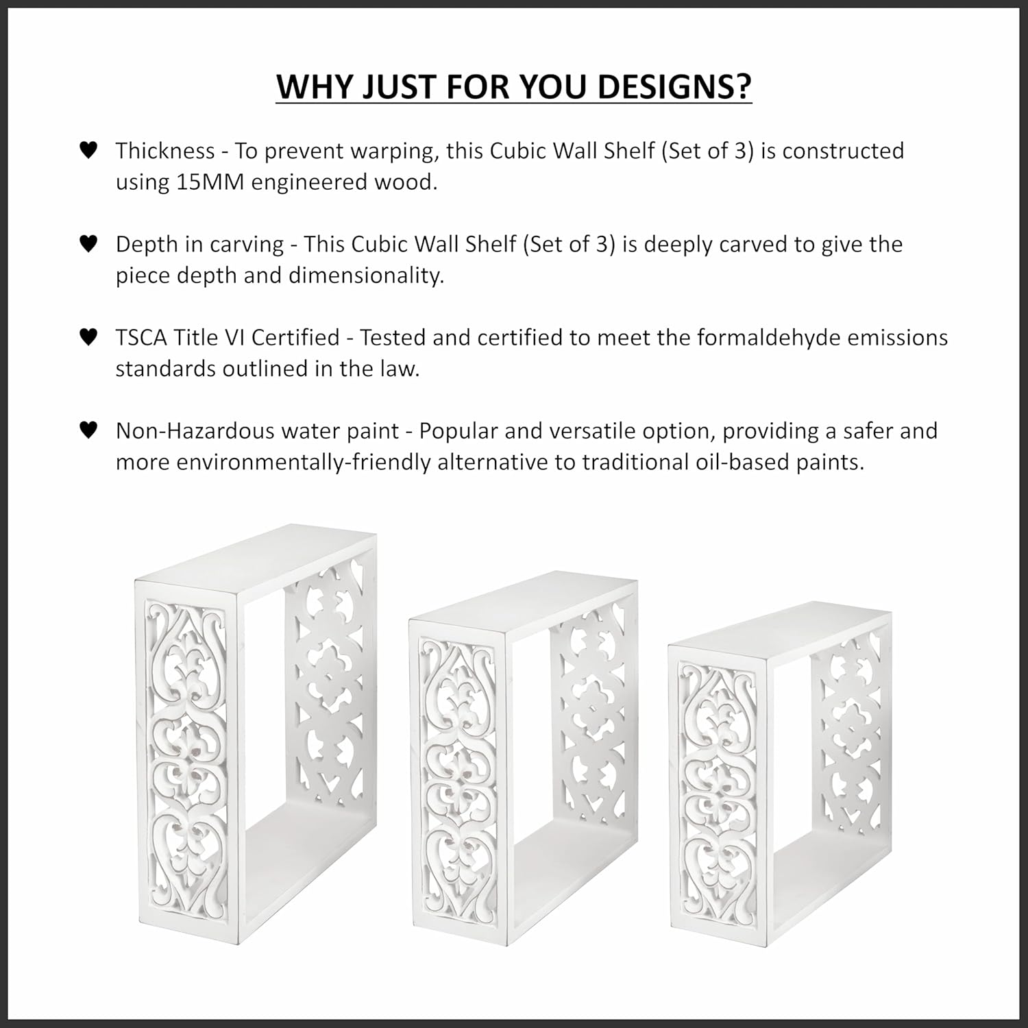 JFY Designs Marina Carved Floating Wall Shelves for Bedroom, Living Room, Bathroom & Kitchen | Wall Mount Display Wall Shelf | Cube Storage – Wood Set of 3 14"x14", 12"x12", 10"x10" | White