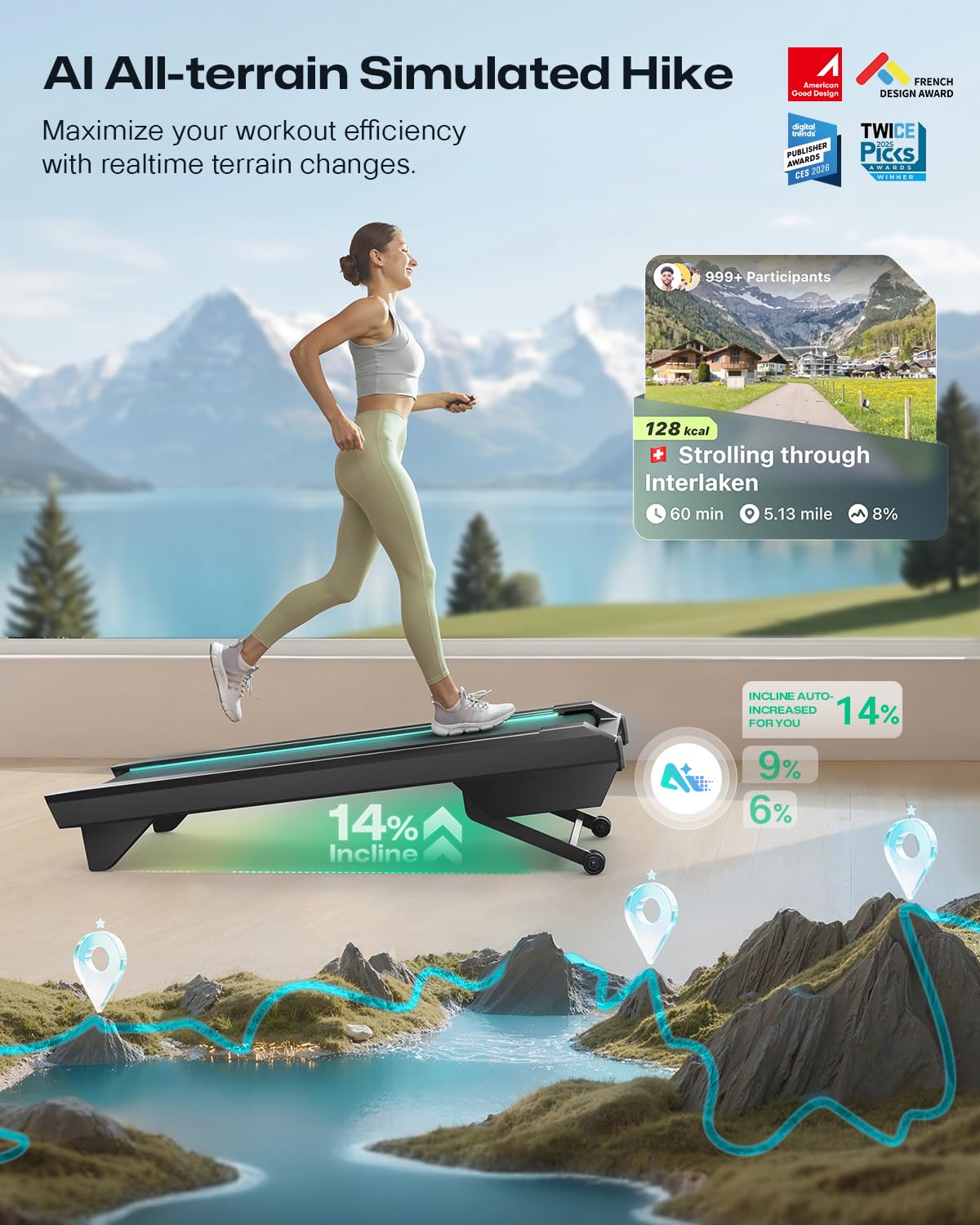 UREVO CyberPad Smart Walking Pad with 14% Auto Incline Brushless Motorized Under Desk Treadmill for Home Office Fitness Elegant Speed Lights Spacious Surface Digital Controller AI-Powered App product thumbnail 6
