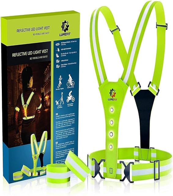 LUMEFIT High Visibility Vest Reflective Running Vests with Armbands High-Vis for Safety of Kids, Women, Men, Children, Adjustable Gear, 8 Bright LED for Day and Night Car, Bike, Cycling etc