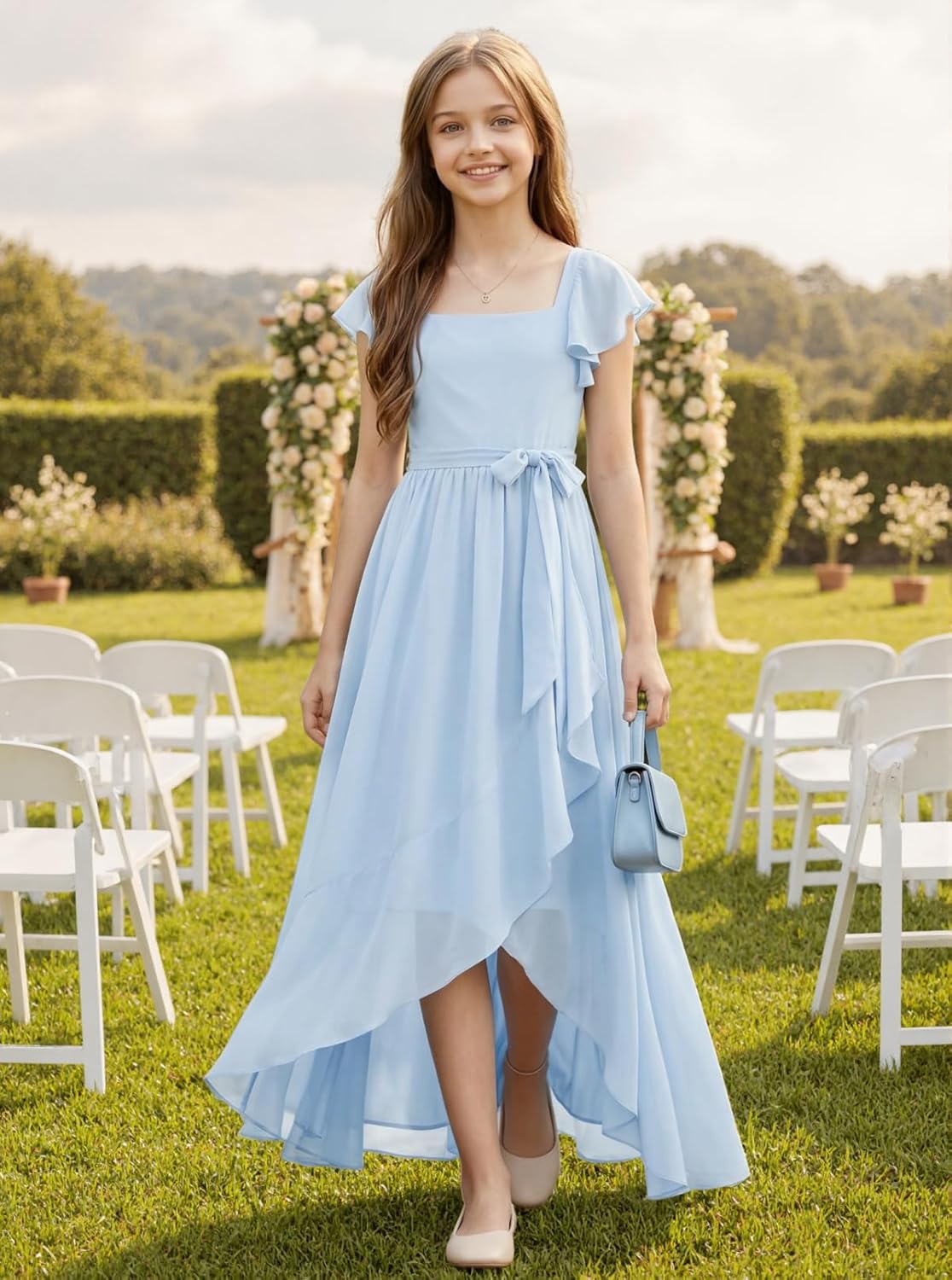 FLwuhui Junior Bridesmaid Dresses Short Sleeves Chiffon Flower Girl Dresses for Wedding Girls Formal Dress