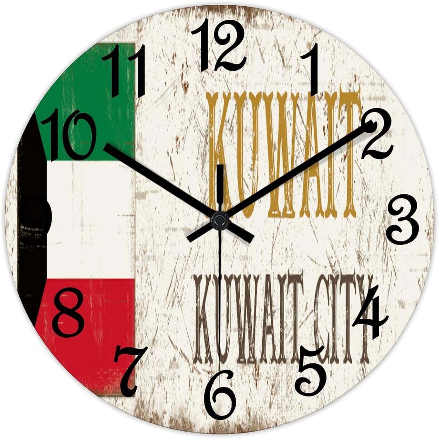 Kuwait City Round Wooden Clock for Wall Decor Kuwait National Flag Farmhouse Wall Clock 15 Inch Silent Non-Ticking Wood Clock for Office Classroom Wall Art
