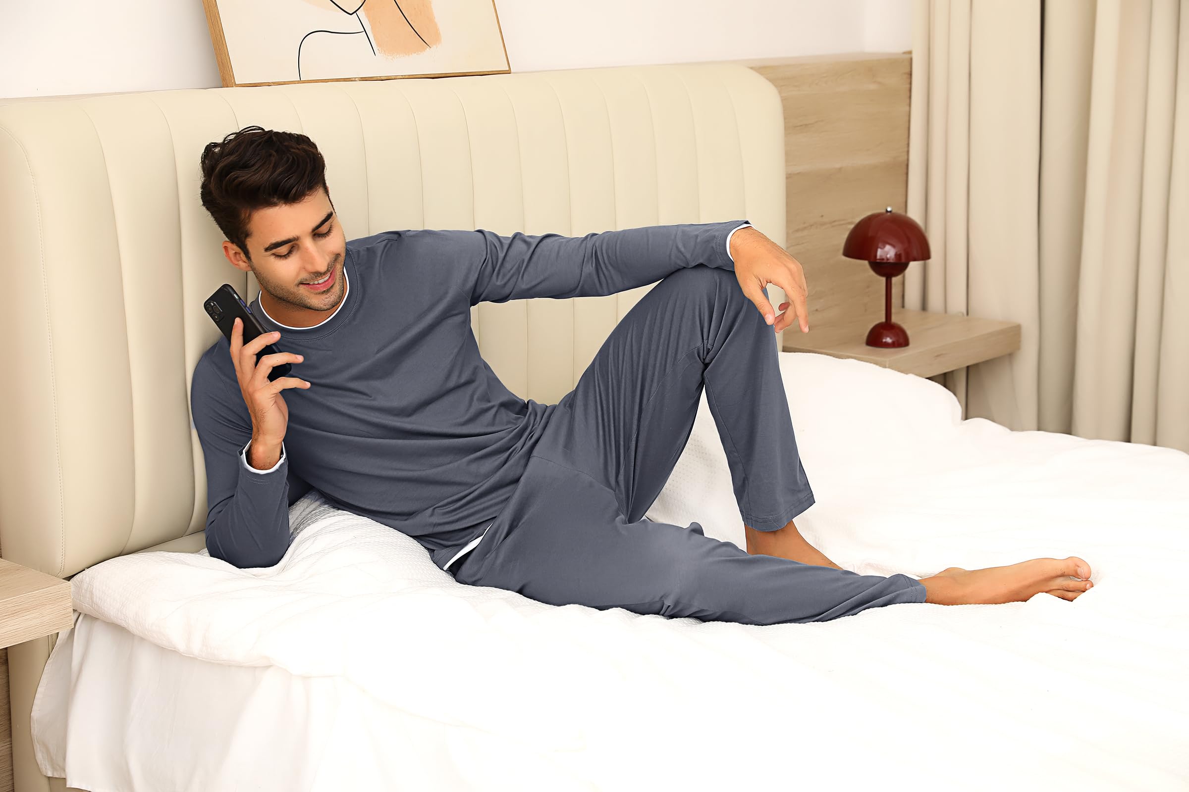 Aseniza Pigiama da Uomo Invernale, Pigiama a Maniche Lunghe in Cotone Semplice ed Elegante Pigiama Morbido Loungewear