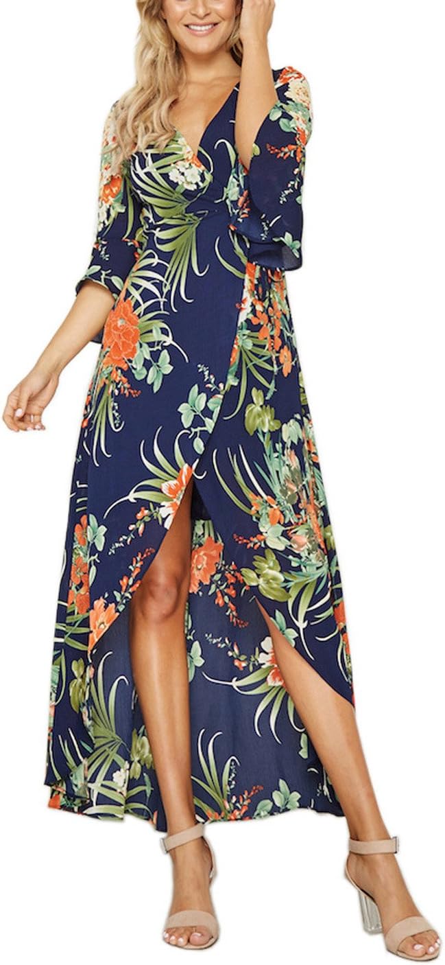 Siyinfushi Women Sexy V-neck Floral Split High Waist Sleeve Bohemian Maxi Dress 02-shenla, X-Large