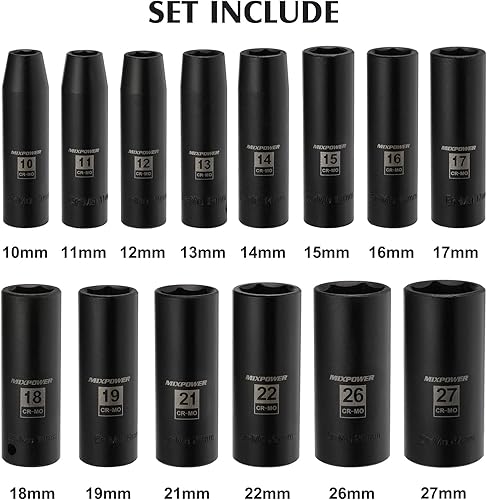 Miniatura 3 de MIXPOWER Juego de 14 llaves de vaso de impacto profundo de 12 pulgada, 0.394 in-1.063 in, acero Cr-Mo, métrico, grado de impacto, estuche de