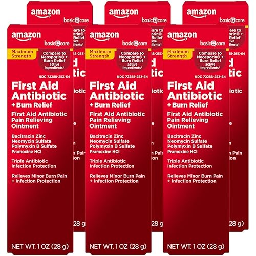 Amazon Basic Care First Aid Antibiotic + Burn Relief, Maximum Strength Triple Antibiotic Ointment for Minor Cuts, Scrapes, Infection Protection, 1 Ounce (Pack of 6)