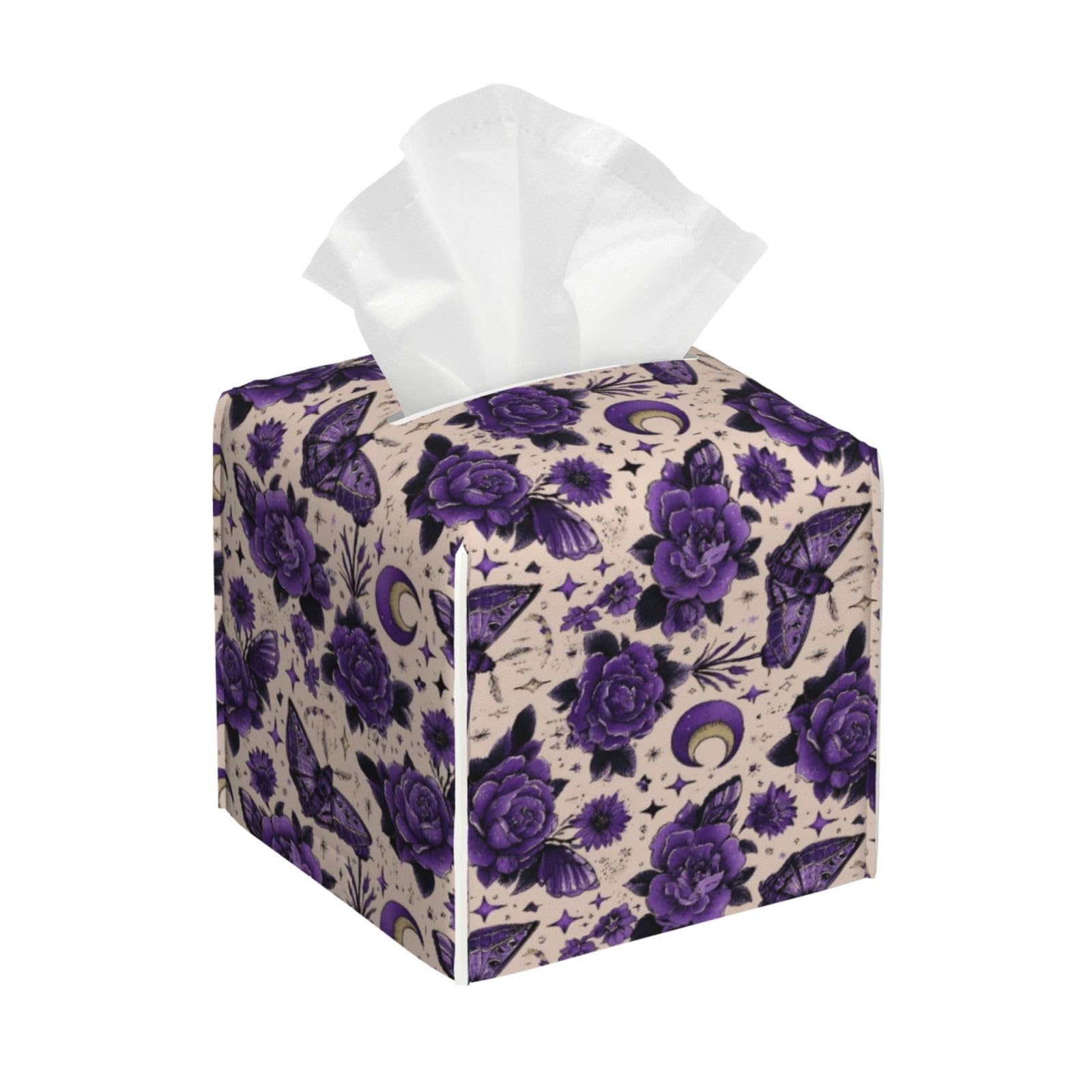 Elegant Purple Flower Butterfly A Print Tissue Box Cover Holder Square, Foldable Modern Cube Tissue Box Cover, Leather Decorative Organizer for Tabletop Bathroom Car Office Desk Decor