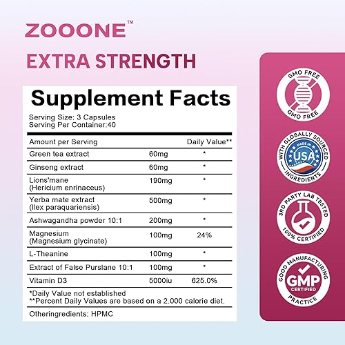 Miniatura 2 de Zooone Super Yerba Mate Cápsulas - Fórmula de cerebro de yerba con melena de león, salud intestinal, enfoque, memoria, suplemento energético,