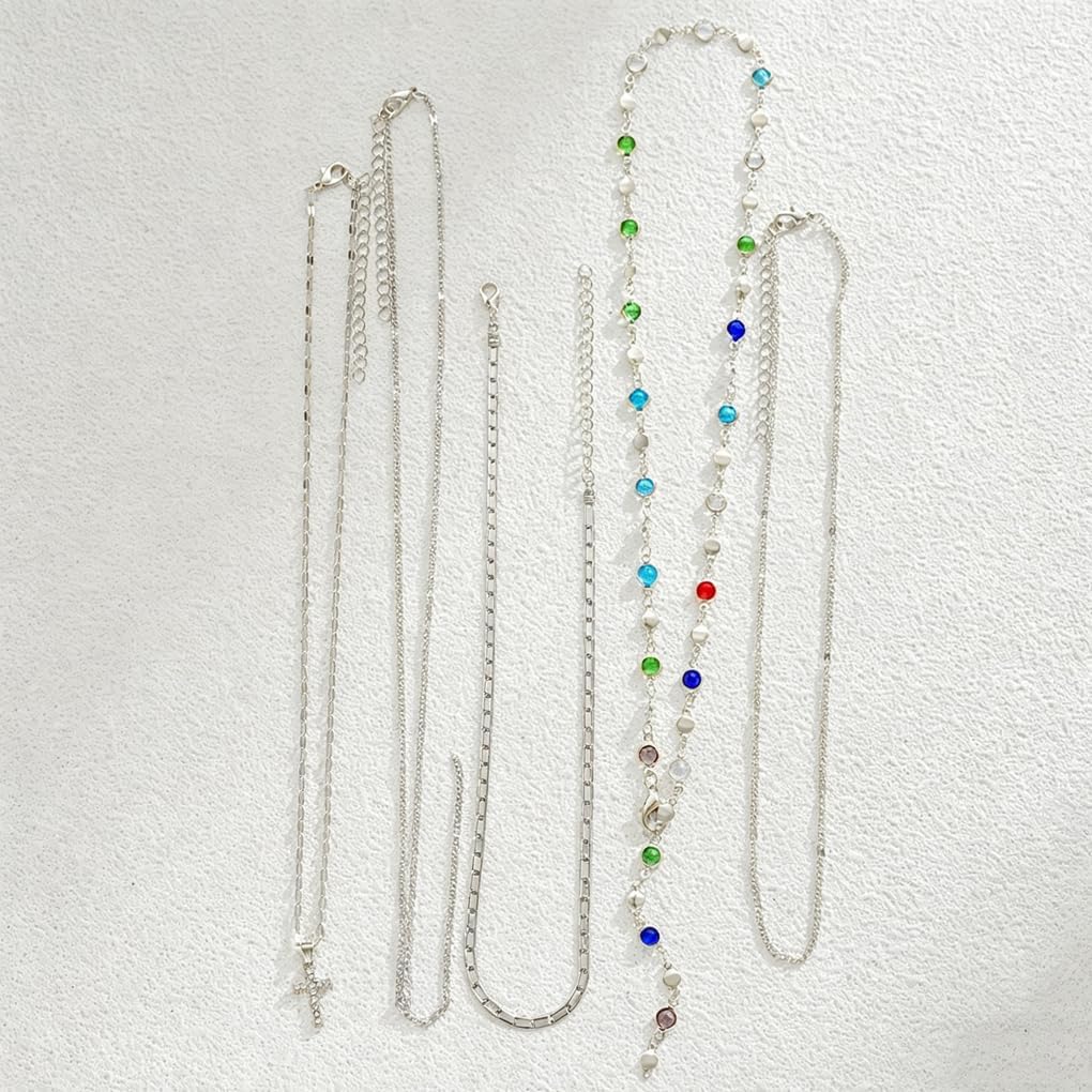 Layered Gold Cross Chain Necklace for Women,Vintage Stackable Colorful Rosary Beaded Necklaces Set,Trendy Boho Jewelry Holiday Outfits Accessories