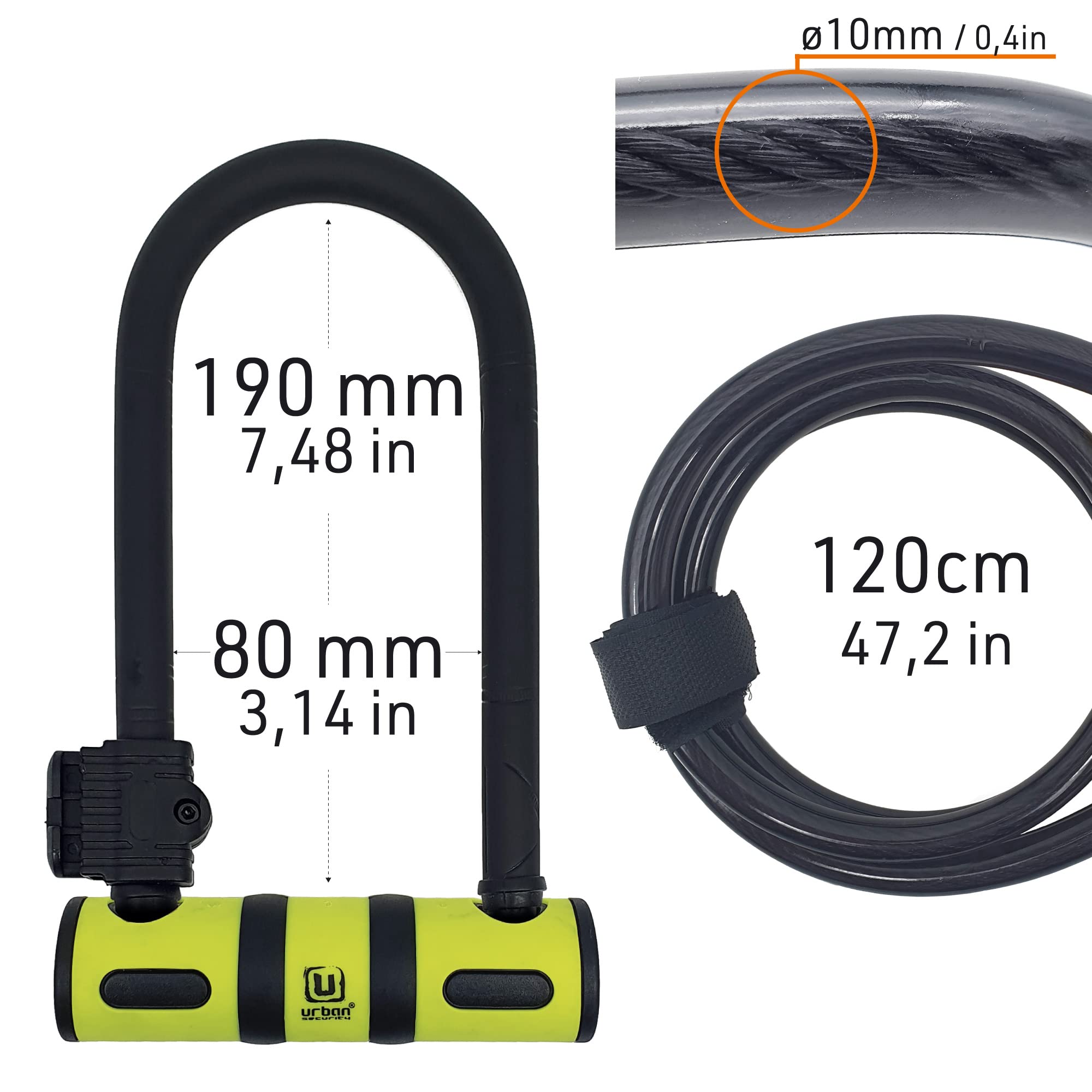 URBAN UR80150B Candado Bicicleta U, Alta Resistencia, Ligero + Cable Más Seguro y Páctico, Horquilla ø13 Acero Endurecido de Doble Bloqueo, Soporte Fácil Transporte, Antirrobo Universal Bici Patinete