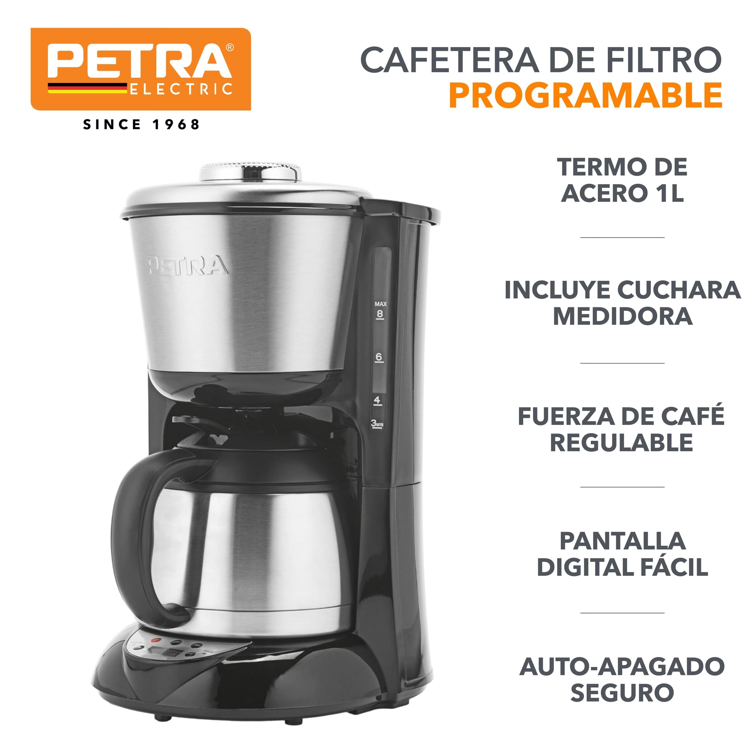 Petra Cafetera de Filtro – Cafetera de 1L con Sistema de Goteo, Jarra de Acero Inoxidable, Pantalla Digital, Regulador de Intensidad, Compatible con Café Molido, Temporizador Integrado, 800W
