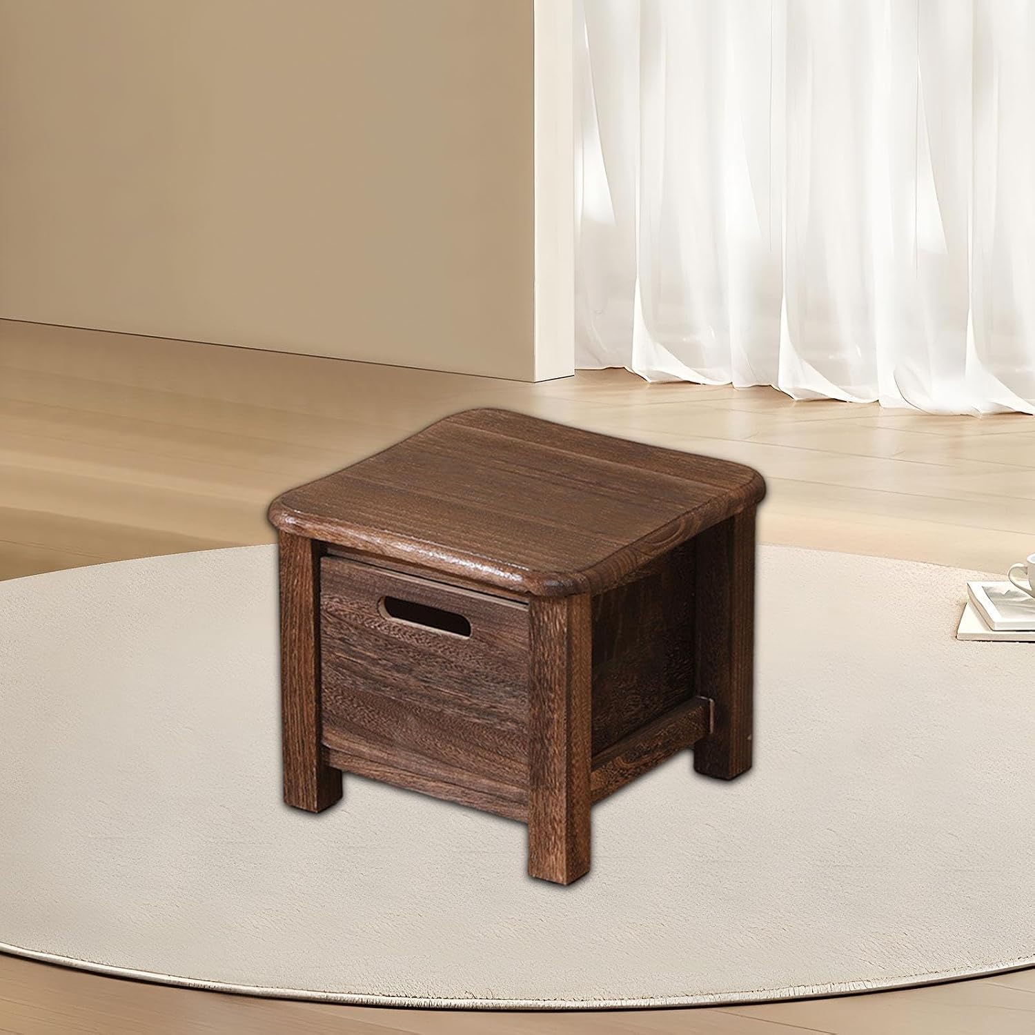 Wooden Storage Stool with Drawer Stable Decorative with Rounded Edges Household Small Stool for Bedroom Office Home Entryway, Brown, 30cmx30cmx25cm