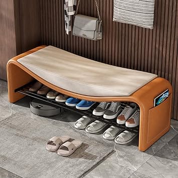 Upholstered Shoe Storage Bench for Entryway,Shoe Storage Bench with Padded Seat Cushion,2 Tier Shoes Rack Stool,Shoes Organizer Stool for Entryway Hallway Bedroom,Orange,100cm