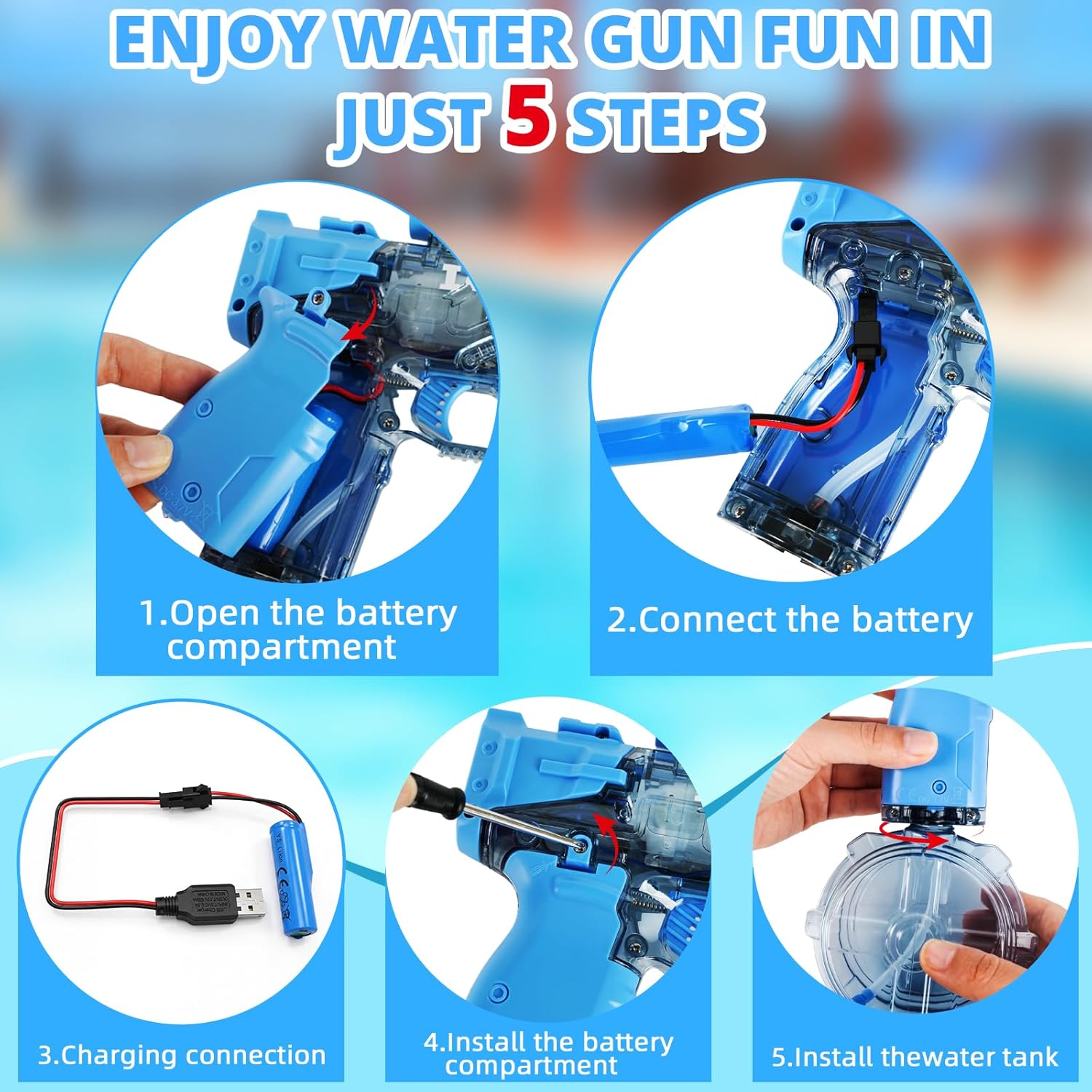 Electric Water Gun for Adults Kids, Automatic Water Guns 32FT Long Range, LED Light Watergun, Squirt Gun for Summer Outdoor Water Toys Pool Beach Party Water Blaster Gift for Boys Girls 1 Blue +1 Red