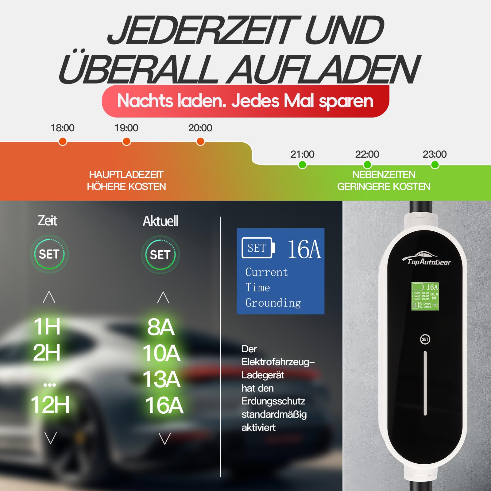 Mobile Wallbox 11 kW [6 m | 8-16 A] mit einstellbarer Stromstärke, Ladekabel CEE 16A auf Typ 2 für ID.3/4/5, Model Y/3, MG4, EX30, e-up, e-tron, Zoe, EV-Charger, TÜV-geprüft & CE-zertifiziert