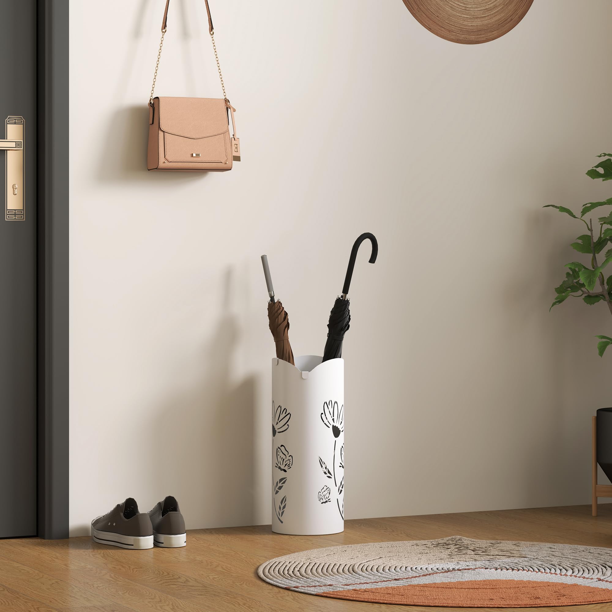 HOMCOM Paragüero de Acero Soporte de Paraguas con 4 Ganchos y Bandeja de Goteo Extraíble Paragüero Blanco para Entrada Oficina 17x17x41 cm