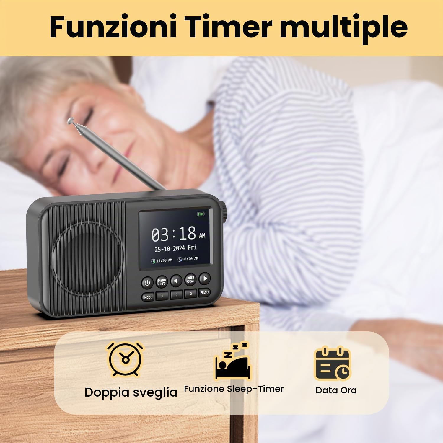 Arafuna Radio Portatile, Radio DAB Con Schermo LCD Da 2,4”, Radio Portatile Bluetooth, Radio FM Con Doppia Sveglia, 60 Stazioni Preimpostate, Connessione SD/TF/AUX, Timer Sonno, Ricaricabile scuro