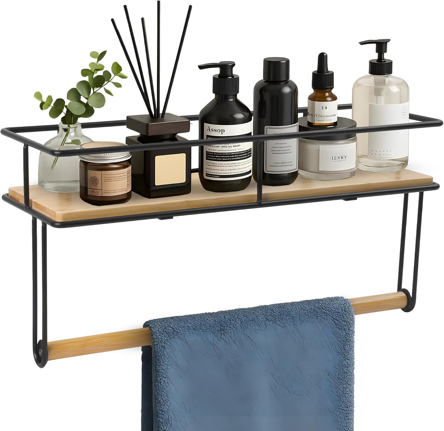 Wall-Mounted Wooden Shelf with Hand Towel Holder – Space-Saving Corner Shower Caddy & Towel Rack - Perfect for Shower Corner, Kitchen, Toilet - Matte Black