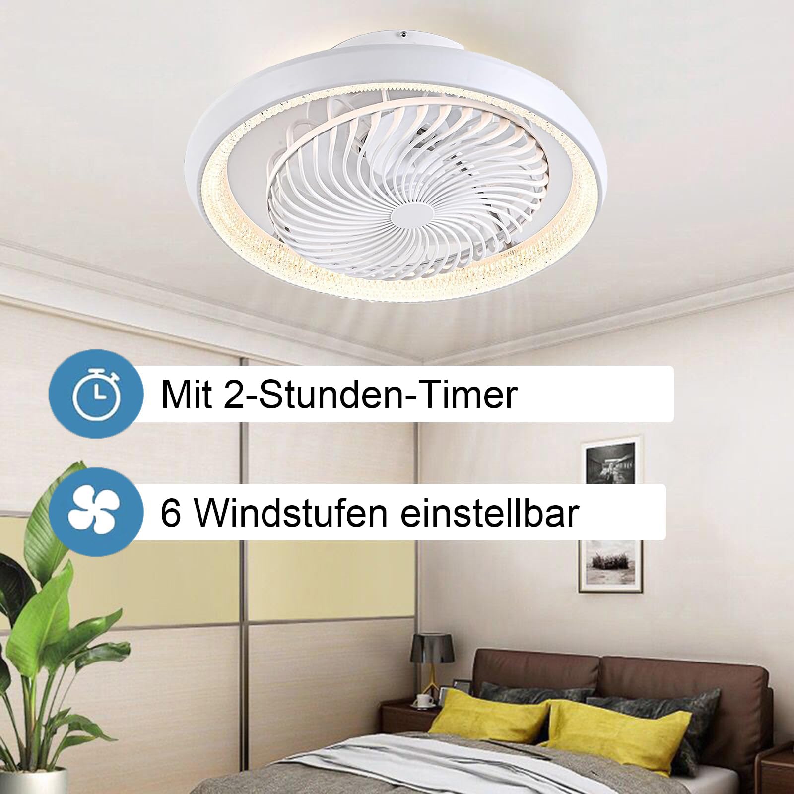 Deckenventilator mit Beleuchtung leise 360° Drehbar, 49cm Moderne Deckenlampe mit Ventilator und Fernbedienung, APP Steuerung, 6 Windstufen, DC Motor, für Schlafzimmer, Weiß