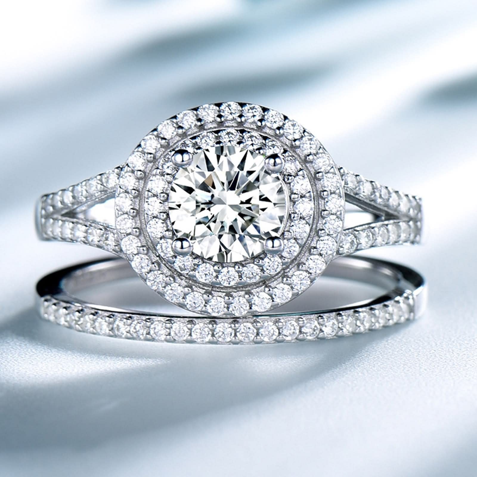 Ringe für Damen, modisch, Kleiner Ehering, Stapelring, V-Form, Doppelkreis, runder Zirkonia, Sterlingsilber