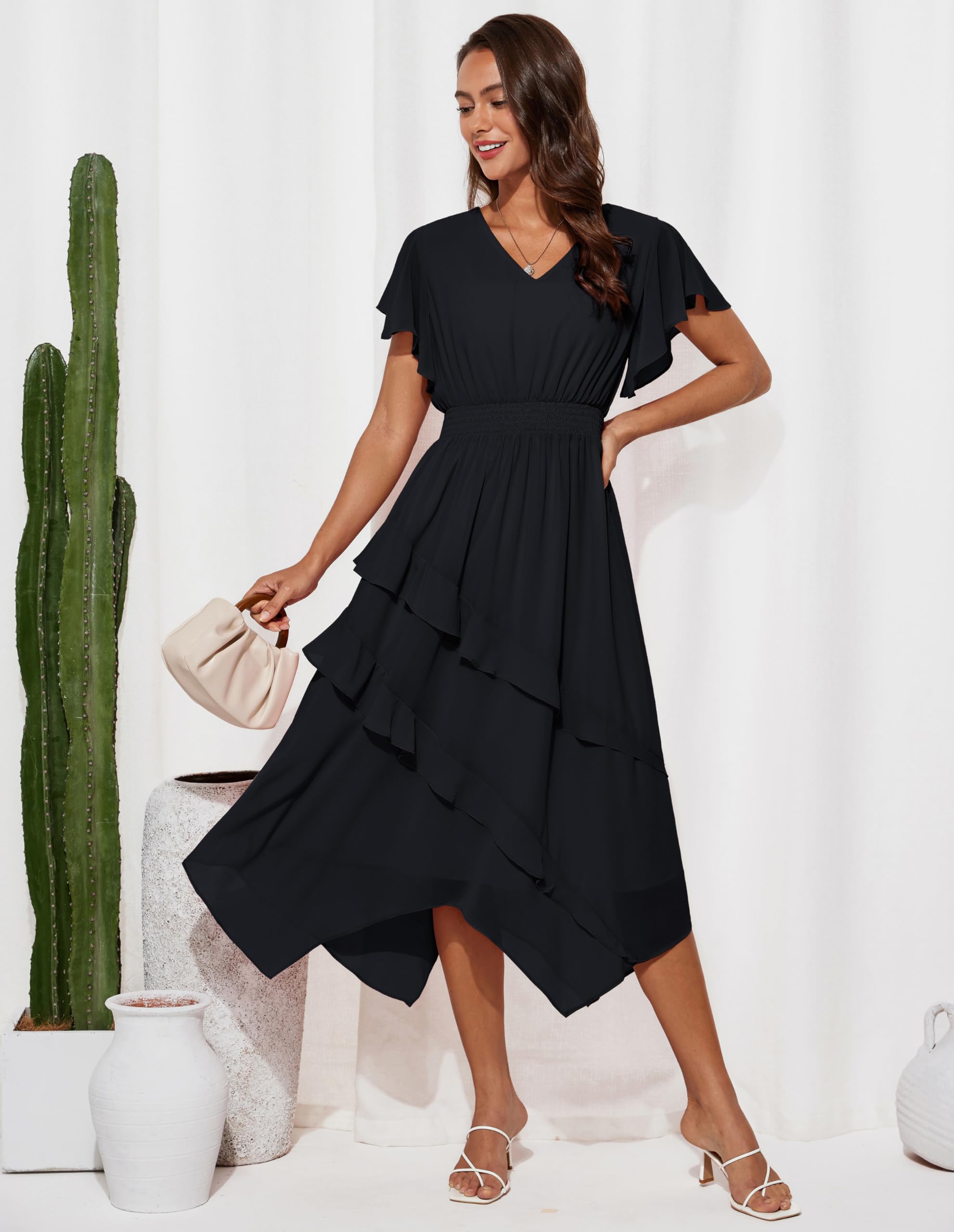 GRACE KARIN Abito estivo casual da donna, con maniche a balze, linea ad A, in chiffon, irregolare