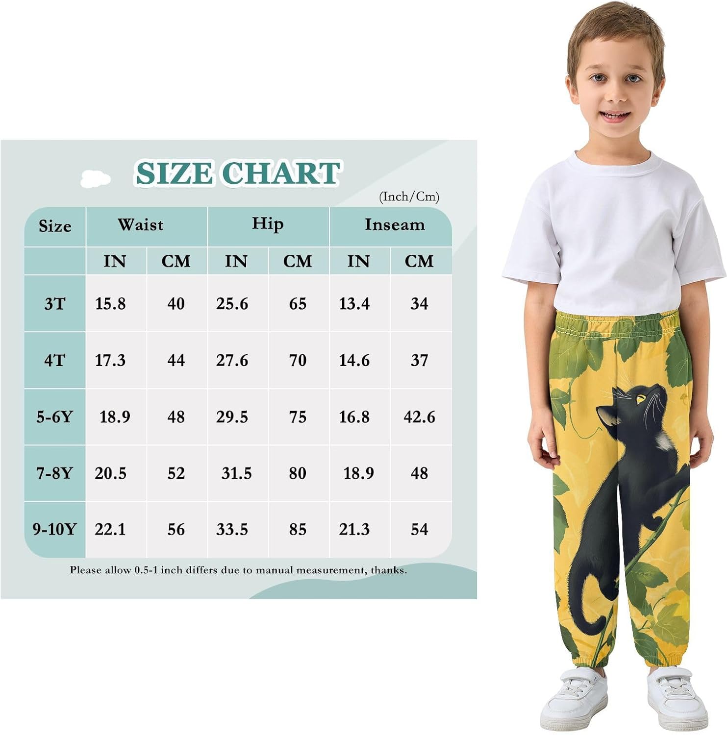 Boy Sweatpants Cat Retro Leaf Yellow Joggers Casual Athletic Pants Kids Elastic Waist Cuffed with Pockets