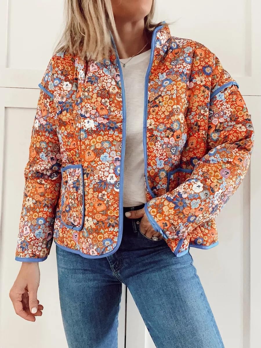 Aimiray Women's Cropped Floral Puffer Jacket Cardigan Printed Lightweight Open Front Padded Quilted Coats - Image 2