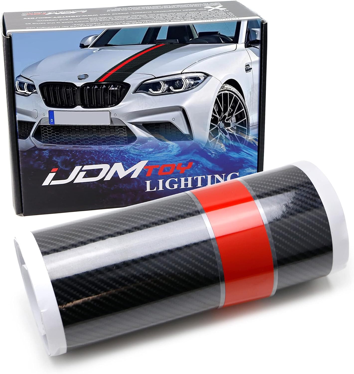 iJDMTOY 7-Inch Width Gloss Black 5D Carbon Fiber Pattern w/Red Rally Stripe Vinyl Graphics Decal Kit, Universal Fit for Most Car Hood or Trunk Decoration