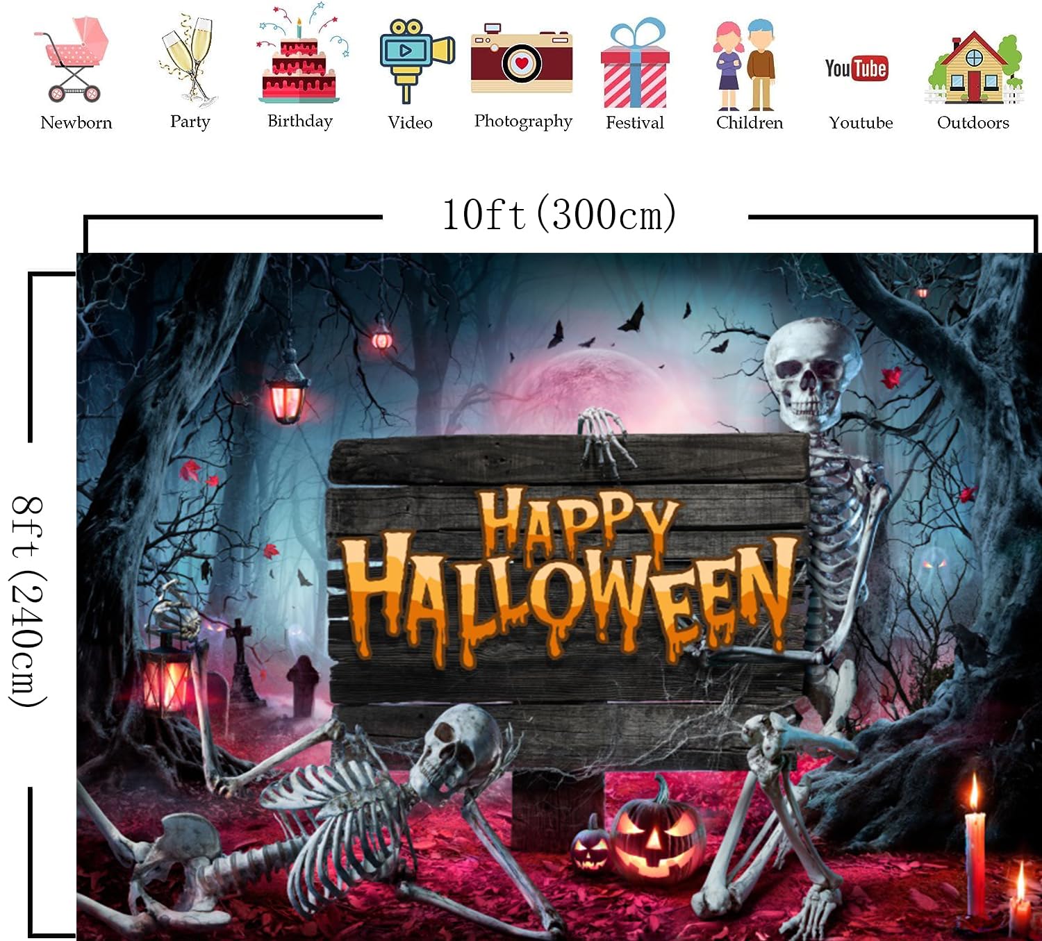 Halloween-Fotohintergrund 3x2,5 M – Gruseliger Friedhof Mit Totenkopf & Mond, Aus Vinyl, Wiederverwendbar