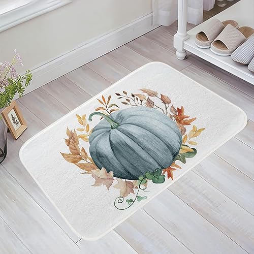 Miniatura 5 de Fukeen Alfombra de baño de otoño con diseño de calabaza azul, hojas de arce, antideslizante, 20 x 32 pulgadas, alfombra de baño suave de cosecha de