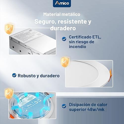 Miniatura 5 de Amico Paquete de 20 luces LED empotrables ultrafinas de 4 pulgadas con caja de conexiones, 2700 K3000 K3500 K4000 K5000 K seleccionables, 12 W Eqv