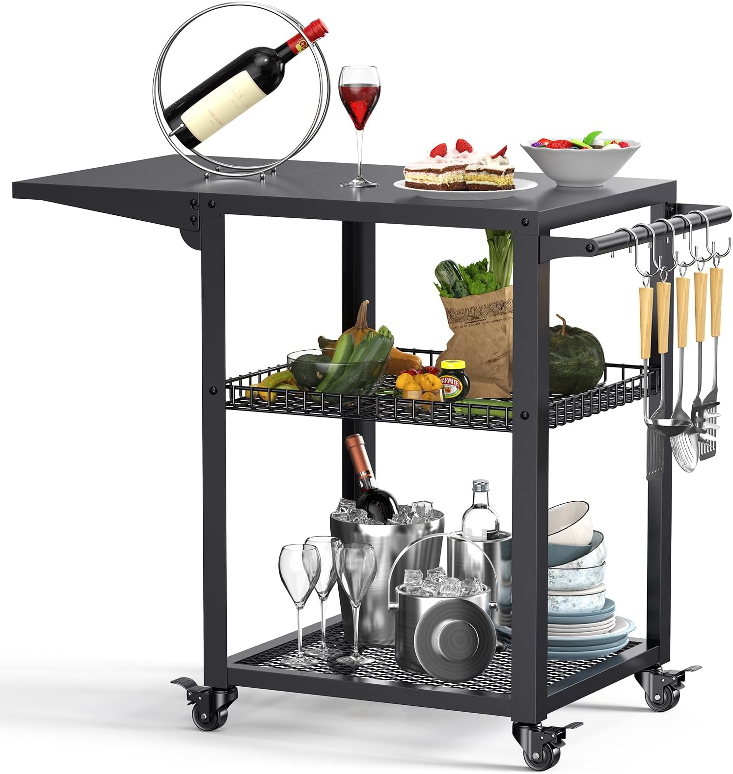 inkmin Upgraded Three-Shelf Movable Dining Cart Outdoor BBQ Table Stainless Kitchen Food Prep Worktable on Wheels