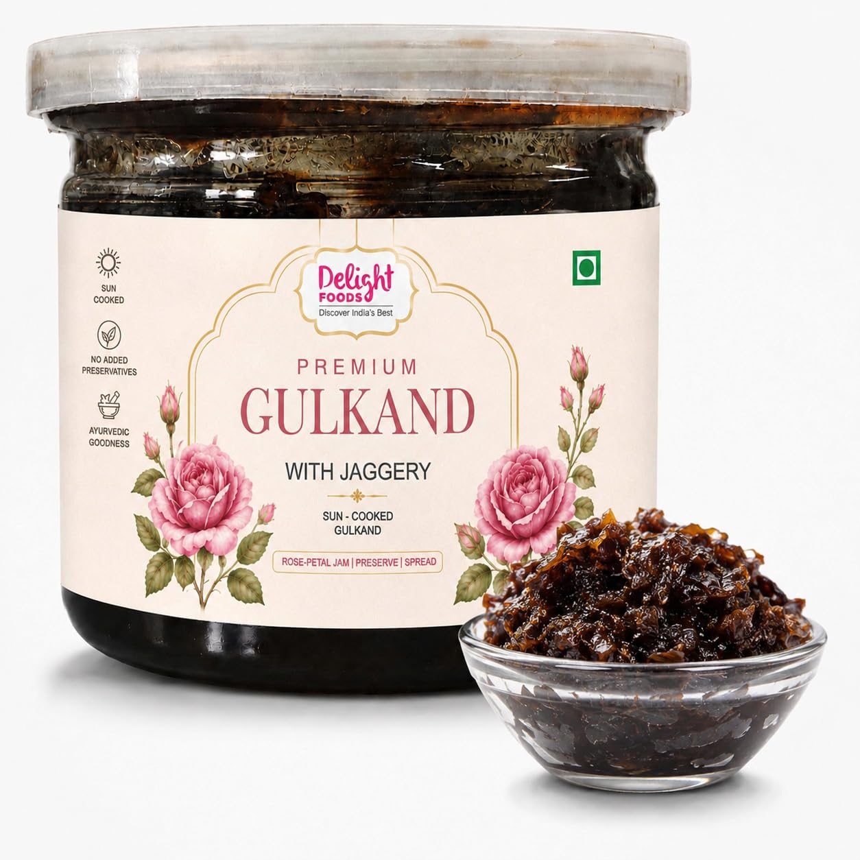 Delight Foods Natural Premium Gulkand with Jaggery Fresh Handpicked Rose Petals 300g | Ayurvedic Rose Preserve | Ready to Eat-image-0
