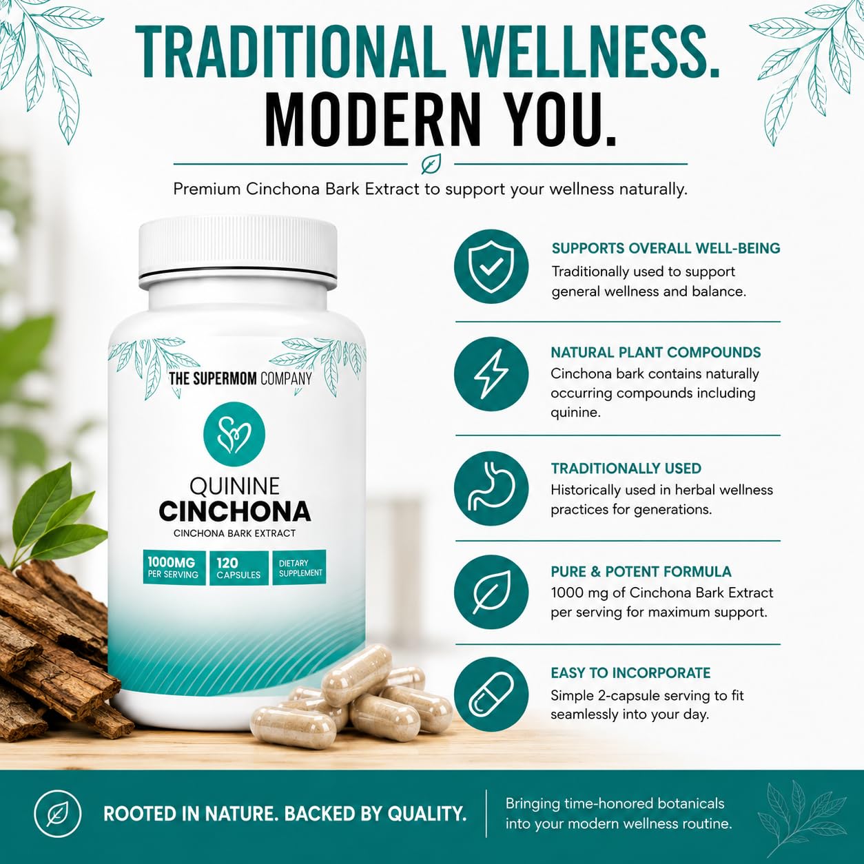 Quinine Cinchona Bark Extract 1000 mg – Herbal Supplement for Muscle & Leg Cramp Relief, Digestive Support & Immune Health – 120 Capsules, Non-GMO, Made in USA — Amazon image 2